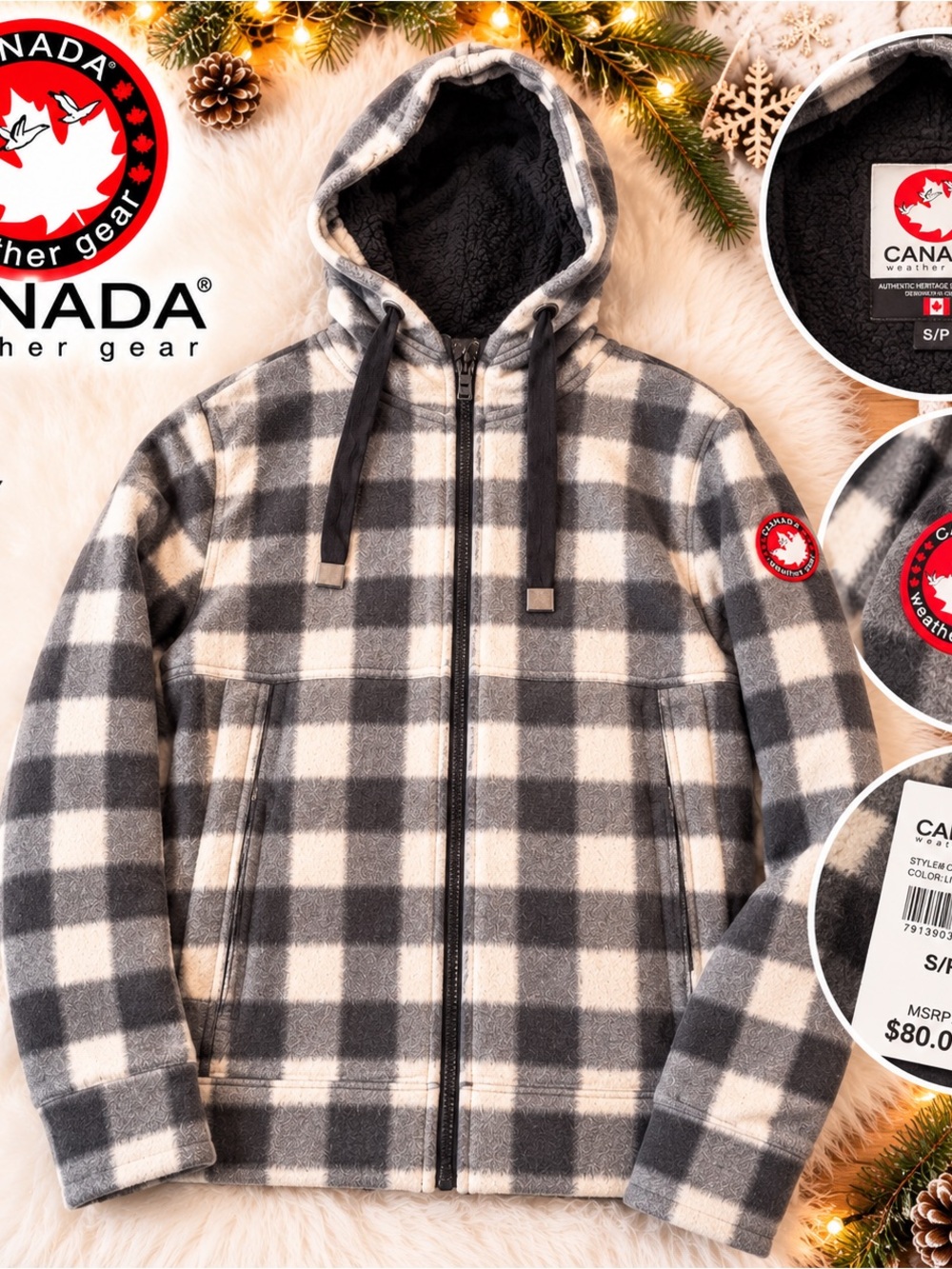 Canada Weather Gear Buffalo Plaid Sherpa Lined Full-Zip Hoodie Gray & Black Size